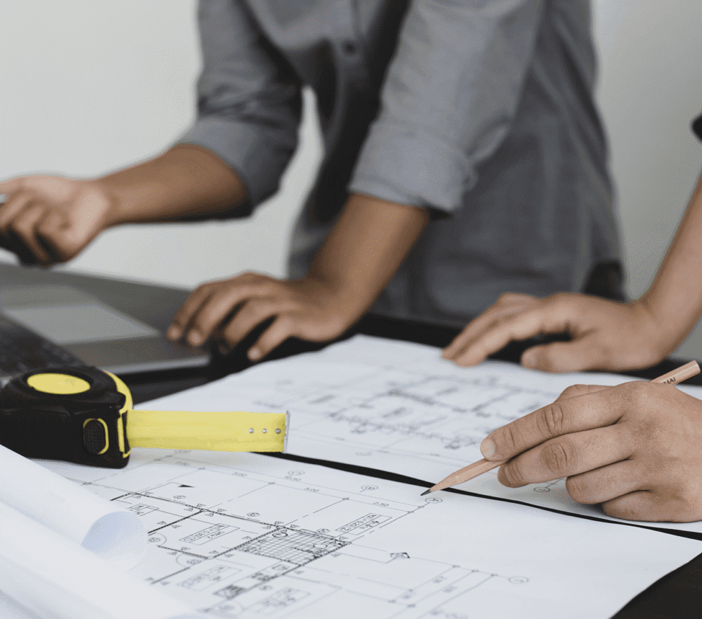 Projektanci nad planem budowlanym pracowni RTG z miarą zwijaną