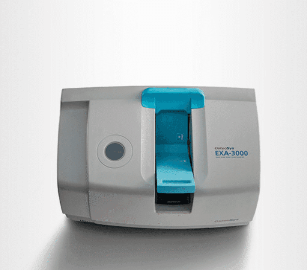 Densytometr OsteoSys EXA-3000 z niebieską podpórką na przedramię