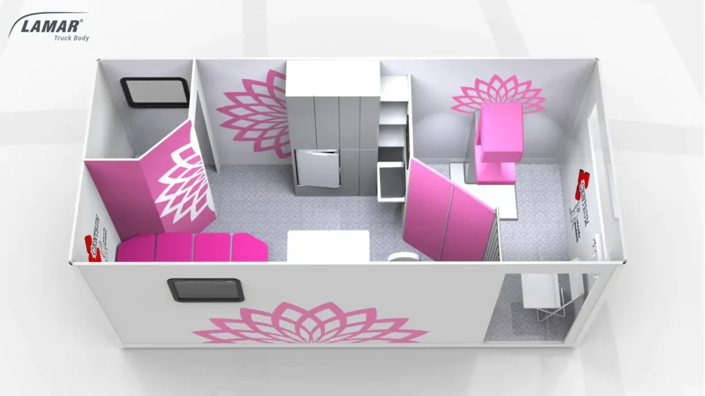 Wizualizacja 3D wnętrza cytomammobusu z gabinetem i poczekalnią