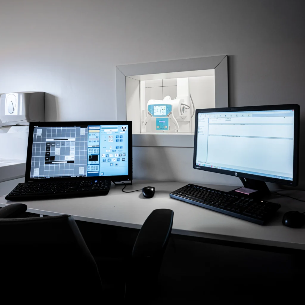 Sterownia pracowni RTG w Salve Medica z monitorami opisowymi